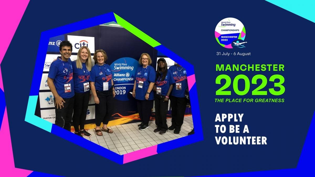 A graphic to announce the volunteer application for Manchester 2023 with a picture of six volunteers