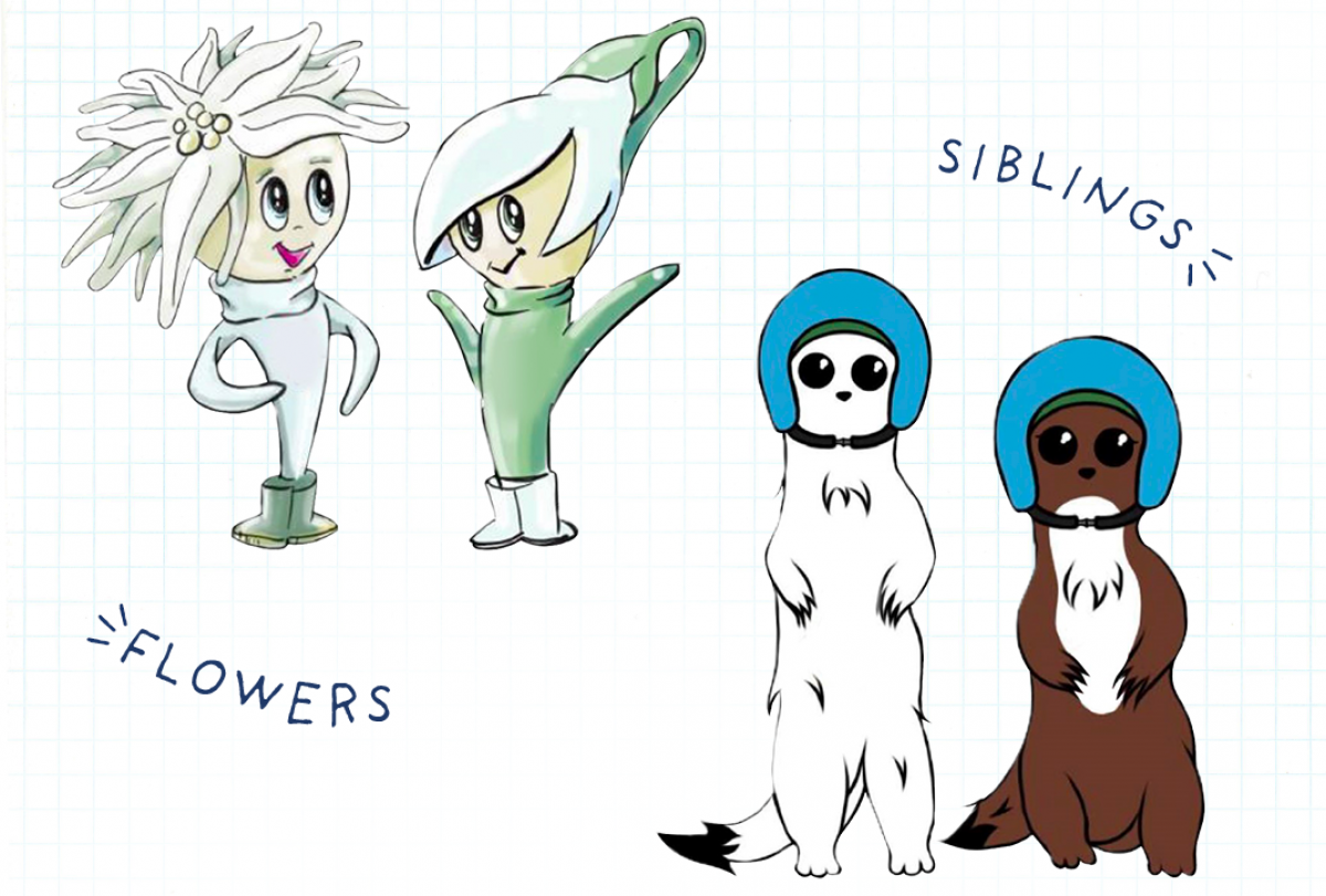 Two sets of mascot designs, one is a pair of flowers and the other is a pair of stoats