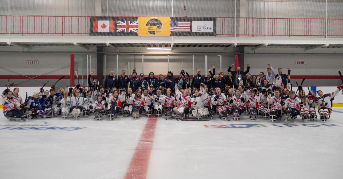 Four teams of female Para ice hockey players on ice during the 2022 Women's World Challenge