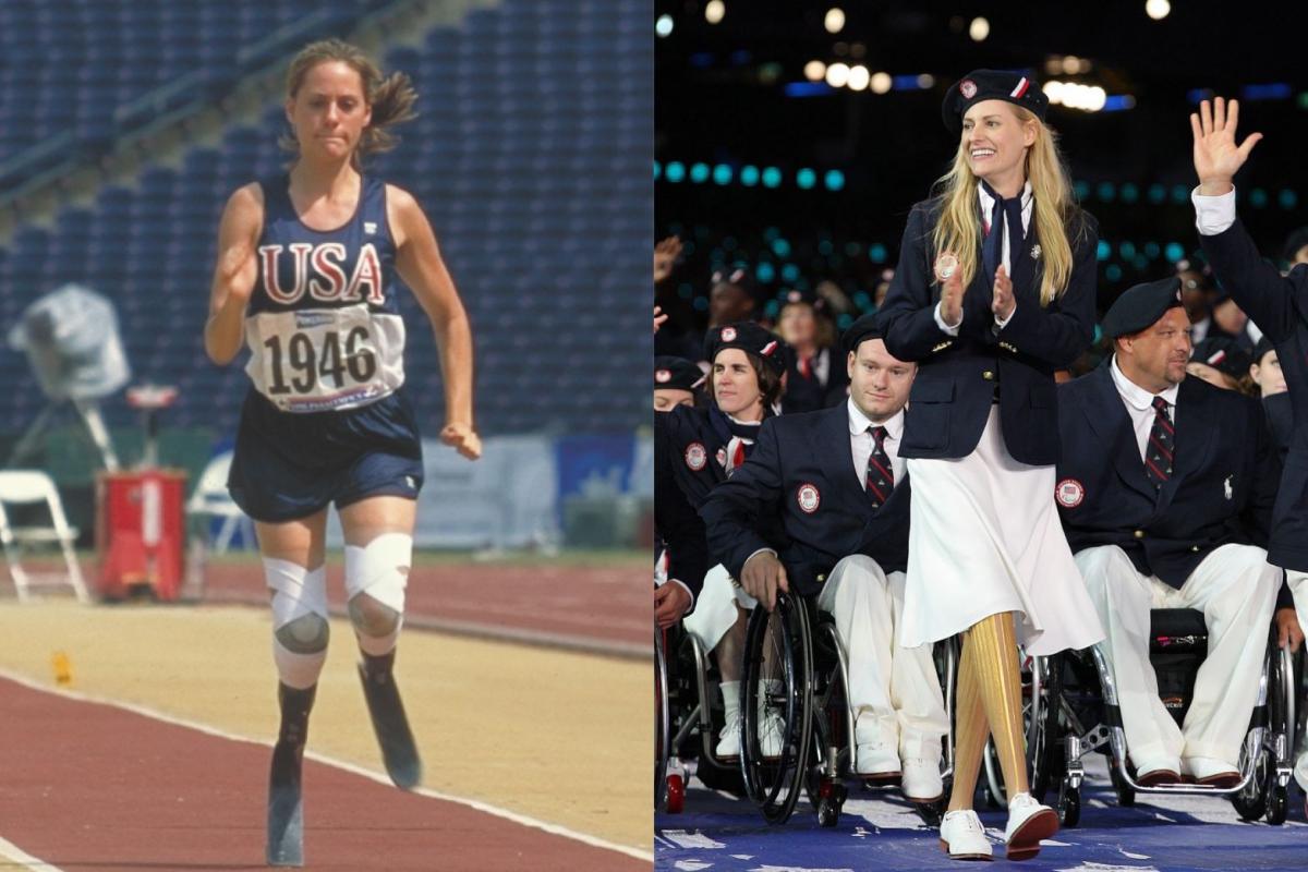 A collaged photo of a female athlete competing at the Atlanta 1996 Games and leading the US delegation at the Opening Ceremony of the London 2012 Paralympic Games. 