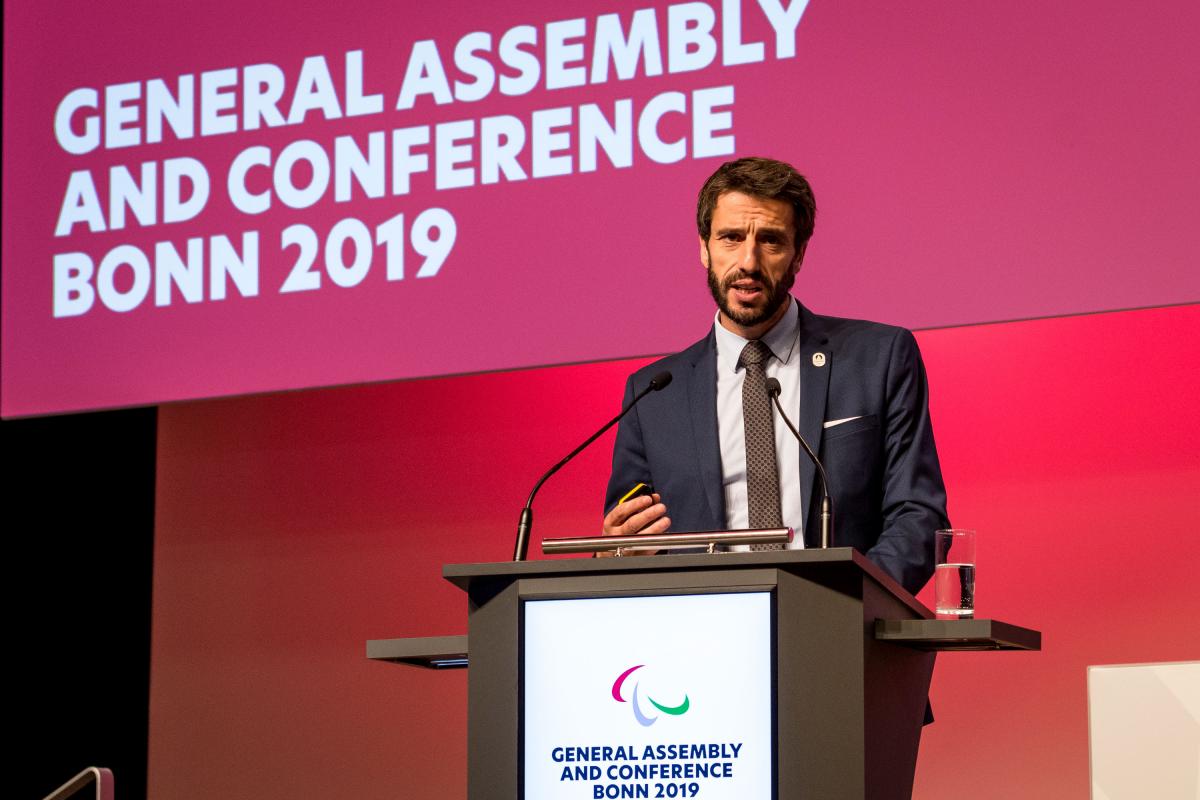 Paris 2024 President Tony Estanguet speaks at the 2019 IPC General Assembly