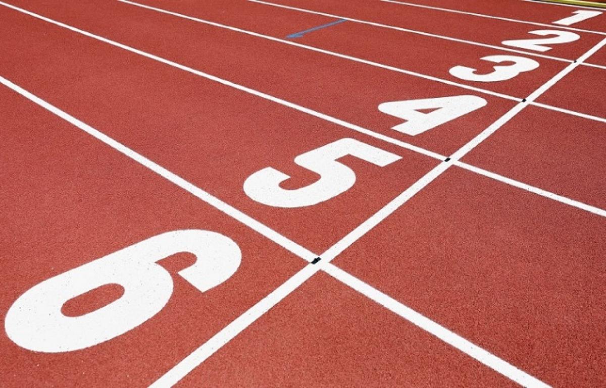 A finishing line in an athletics track