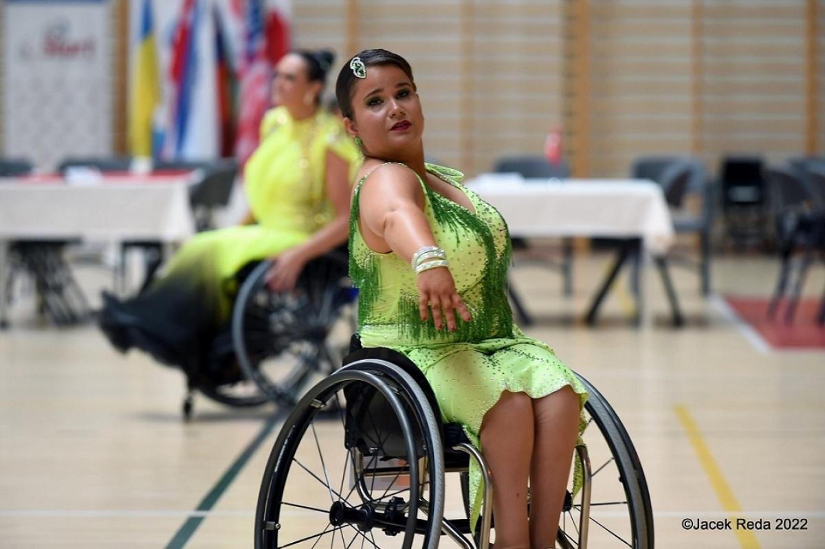 A female wheelchair dancer in a Para dance sport competition