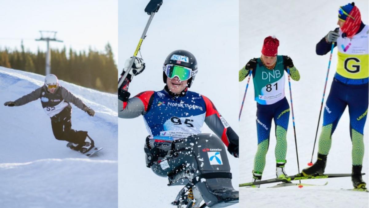 A photo collage with a snowboarder, a male sit-skier and a cross-country skier following her guide