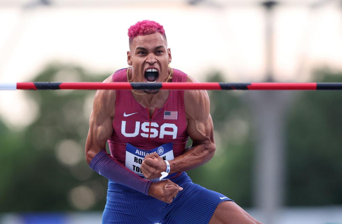 Roderick Townsend-Roberts screaming in delight after clearing the bar