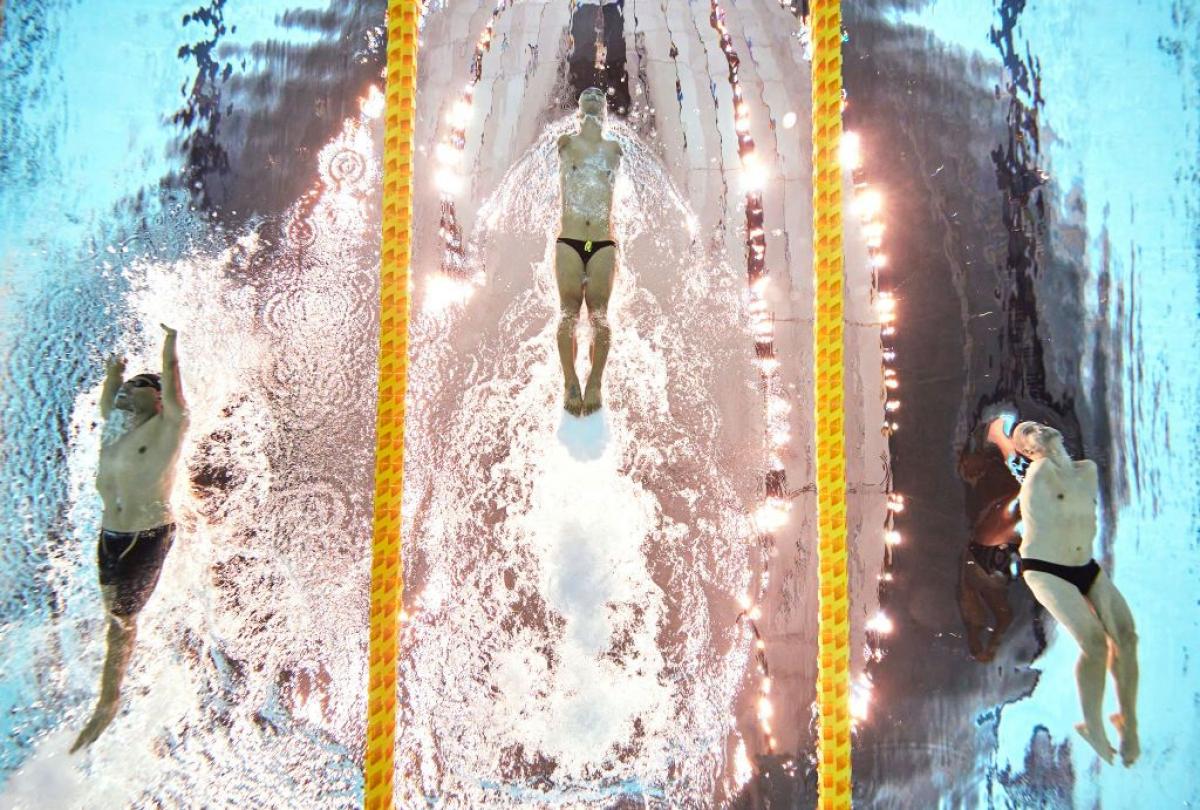 Three male athletes swim in a pool
