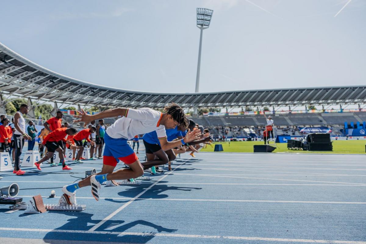 Male runners on the startline at Paris 23 Para Athletics World Championships