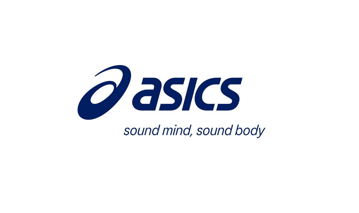 Sportswear brand ASICS logo, with its brand philosophy 'sound mind, sound body'