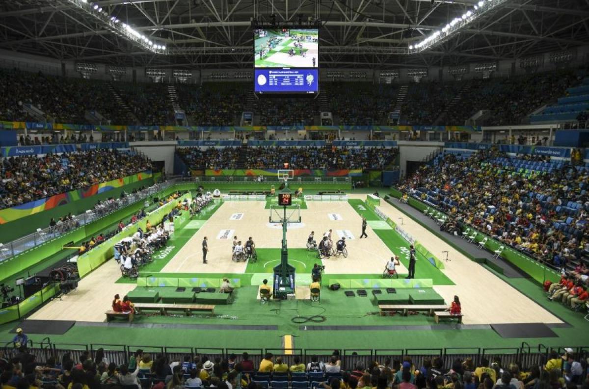 Panoramic view of the Arena Carioca 1 during a wheelchair basketball game at Rio 2016