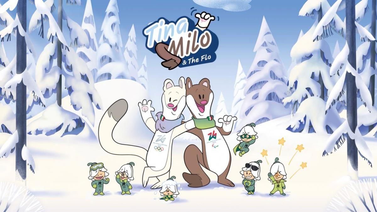 A graphic image of the Milano Cortina 2026 mascots. There are two mascots inspired by stroats posing in the snow.