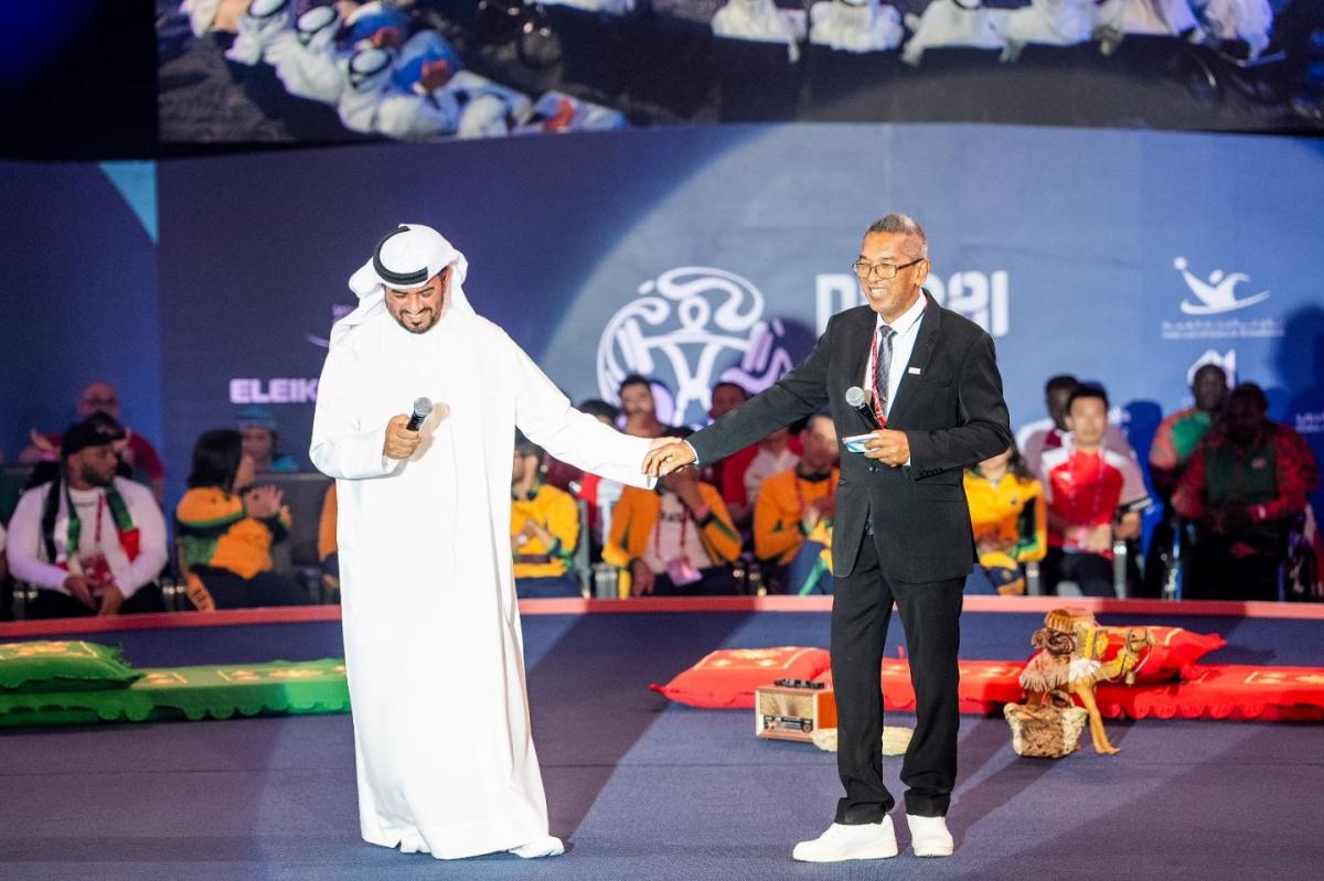 Two men standing on the stage during the Para Powerlifting World Championships in Dubai