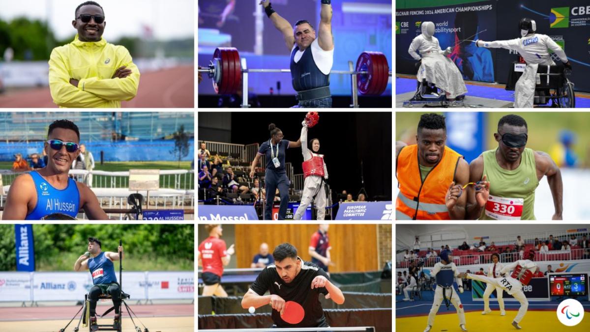 A collaged photo of eight athletes and a guide runner