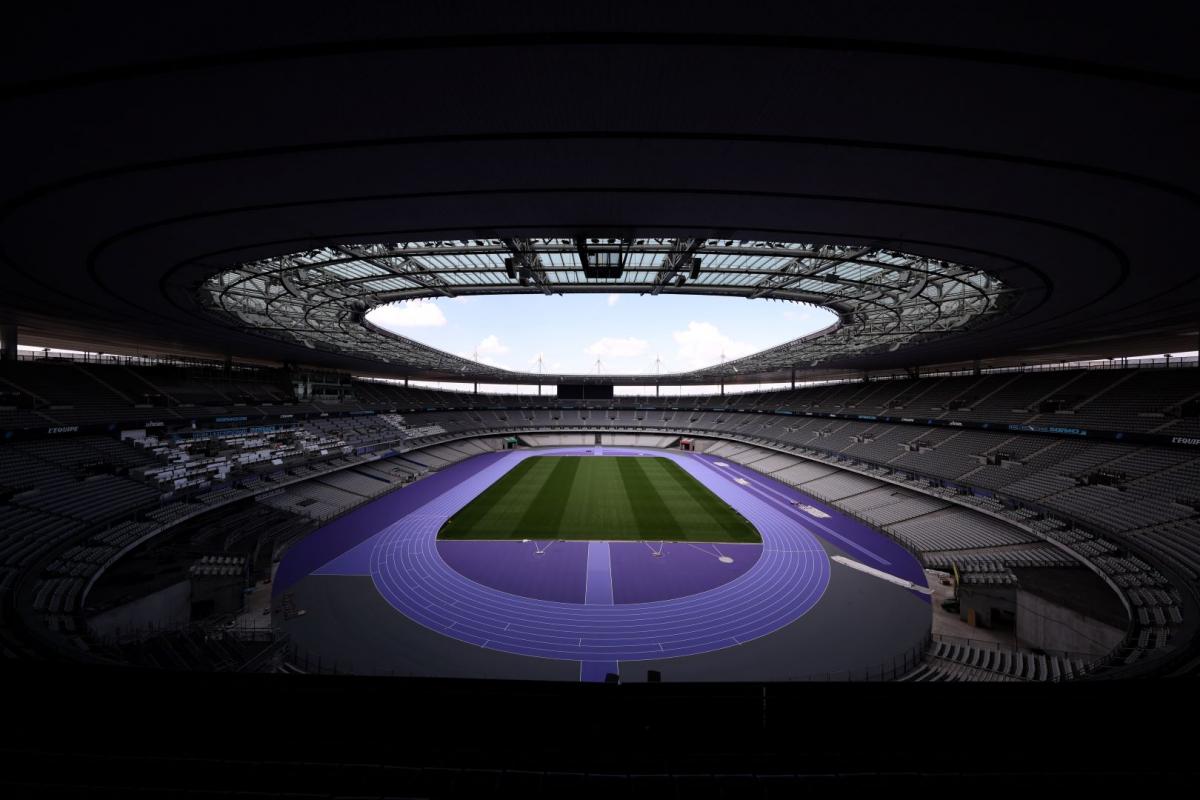 A view of the purple track of the Stade de France in Paris