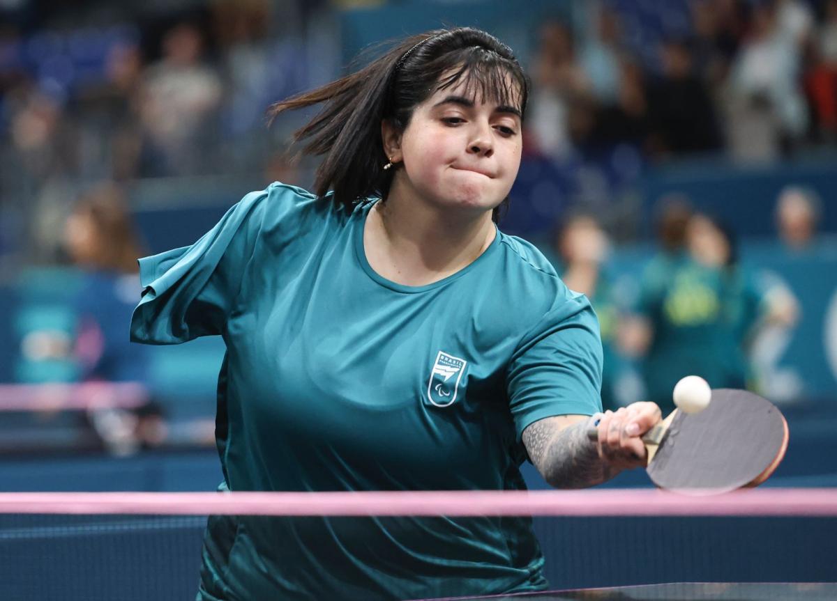 Para table tennis player Bruna Alexandre playing a forehand