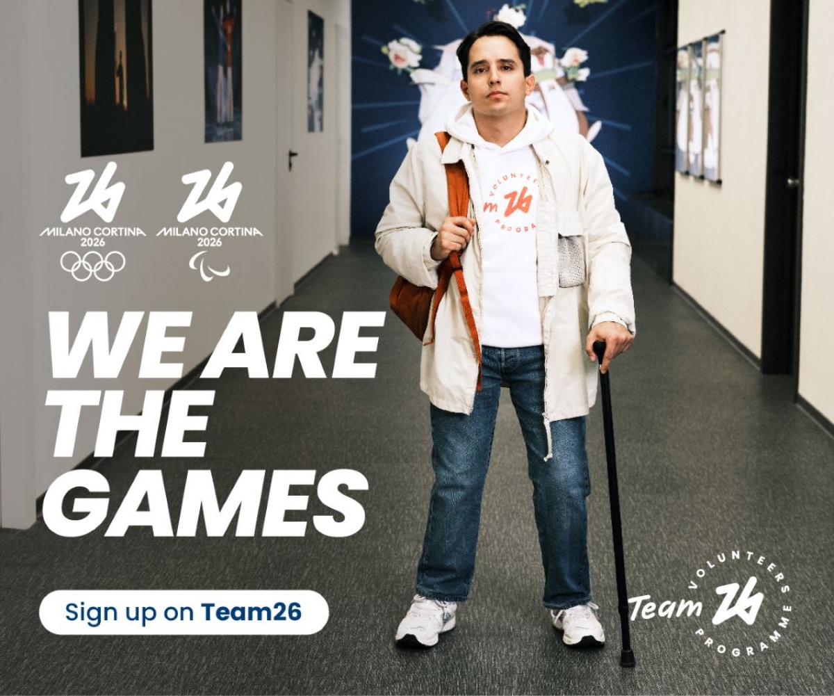 The sentence "We Are the Games" and the logos of Milano Cortina 2026 in front of a photograph of a man