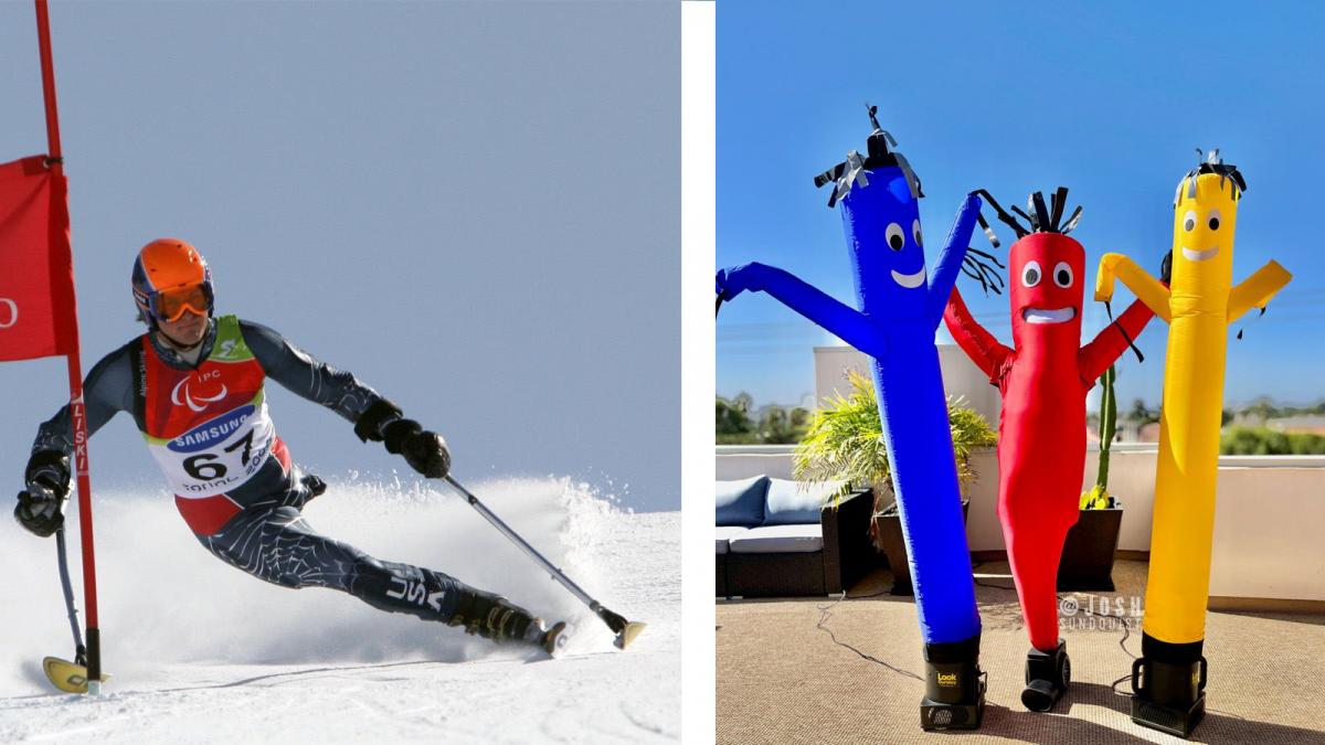A collage of a photo of a male Para alpine skier in competition and another proto of three inflation tube men each in red, blue and yellow