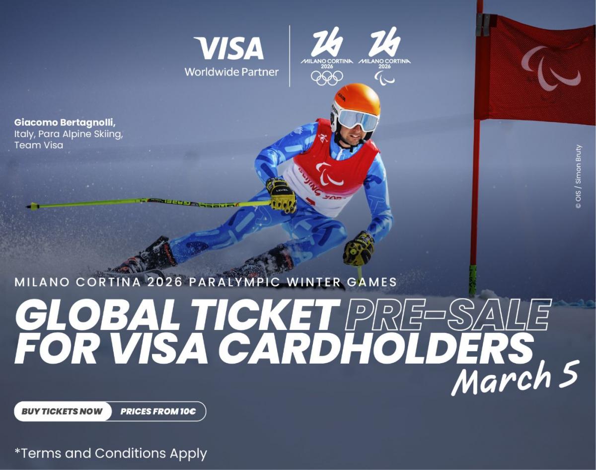 Italian Para skier Giacomo Bertagnolli competes at the Beijing 2022 Paralympic Games. Text says: Giacomo Bertagnolli, Italy, Para Alpine Skiing, Team Visa. Milano Cortina 2025 Paralympic Winter Games. Global Ticket Pre-sale for VISA cardholders. March 5. Buy tickets now. Prices from EUR 10. Terms and conditions apply.