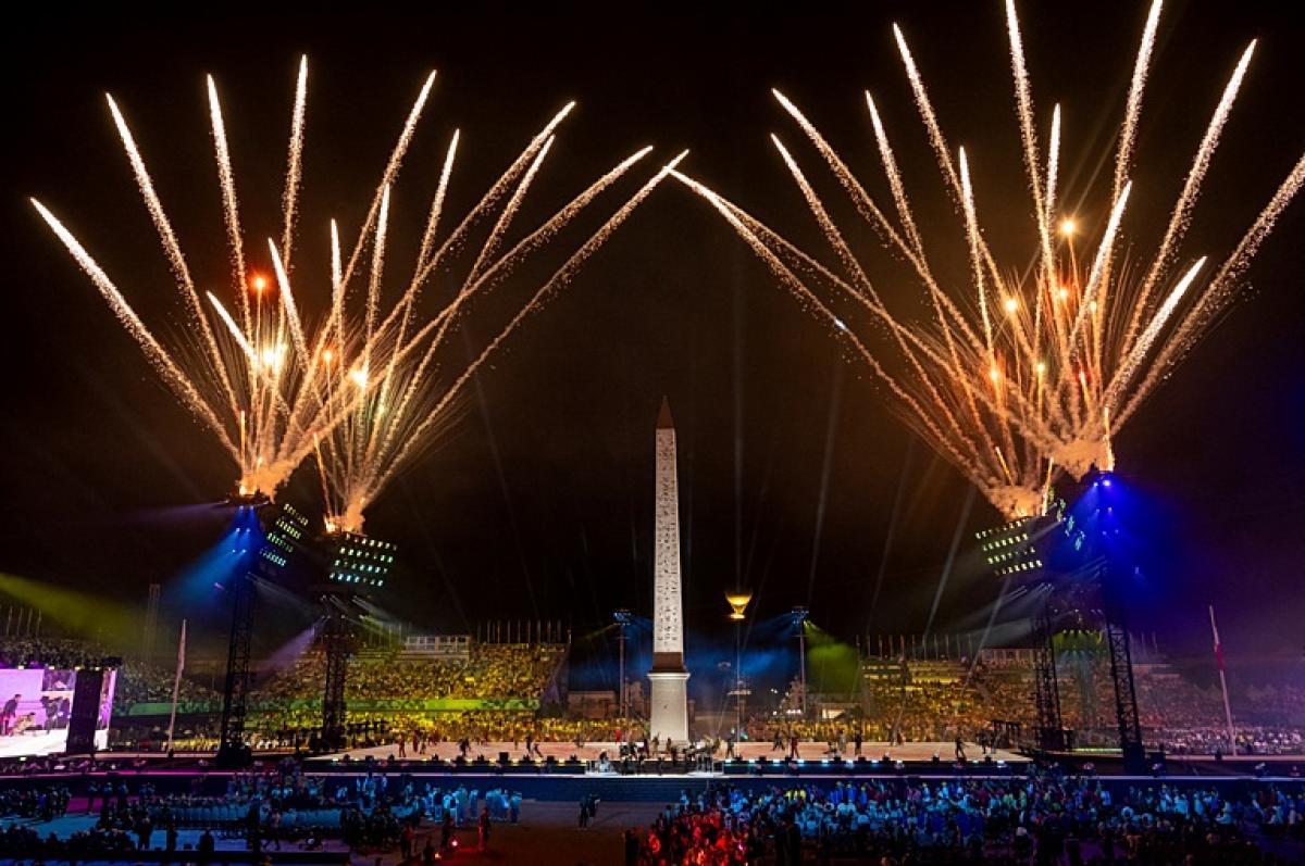 Fireworks over the Place de la Concorde during the closing stages of the Opening Ceremony of the Paris 2024 Paralympic Games, Paris, France