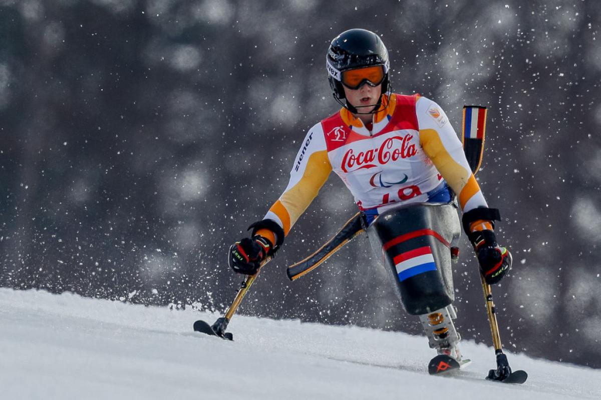 A male Para alpine sit-skier in competition.