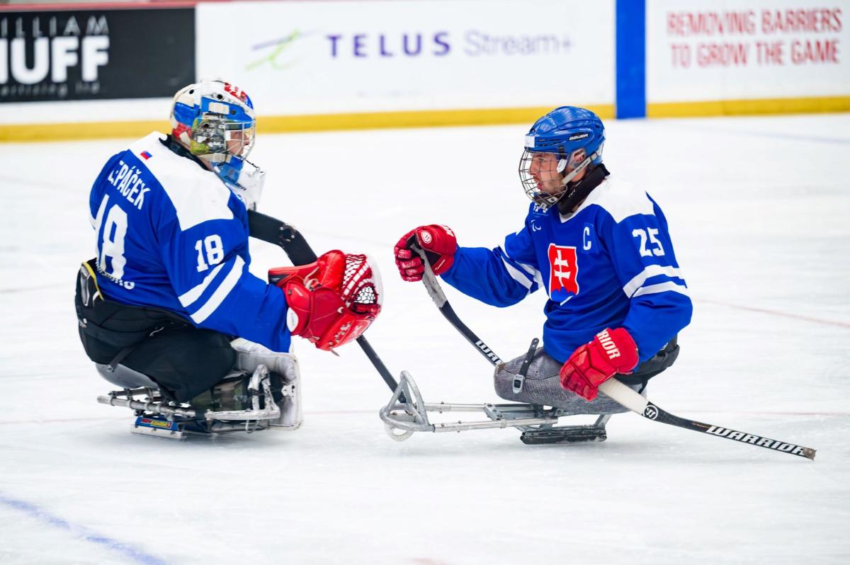 Slovakia's Para ice hockey player and a goaltender on ice