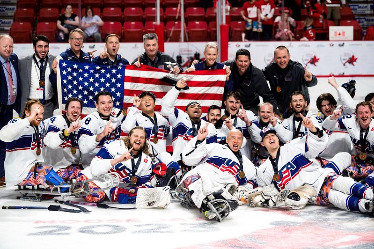 Team USA Para Ice Hockey celebrating on ice