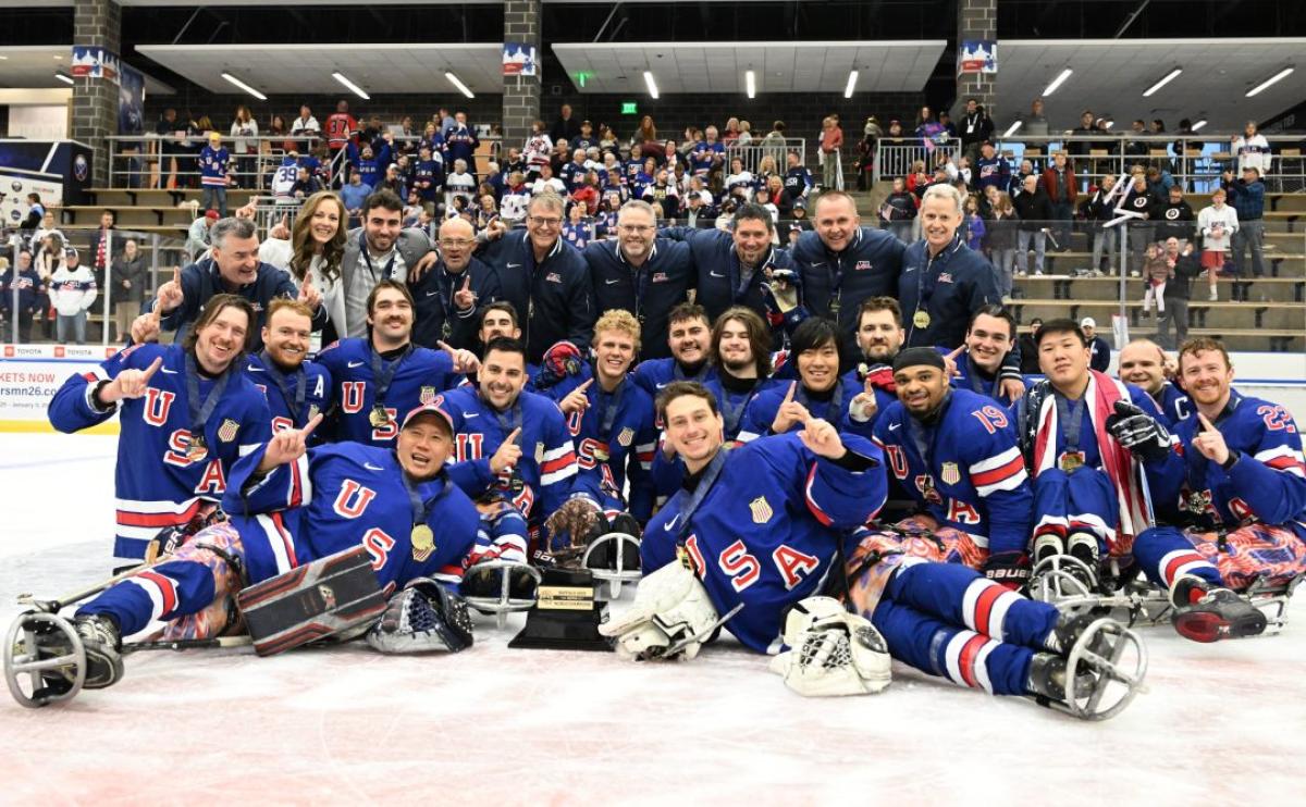 Team USA with the trophy of the 2025 World Para Ice Hockey Championships