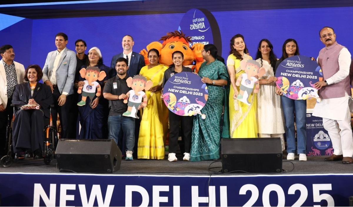 A group of people on a stage to promote the New Delhi 2025 World Para Athletics Championships