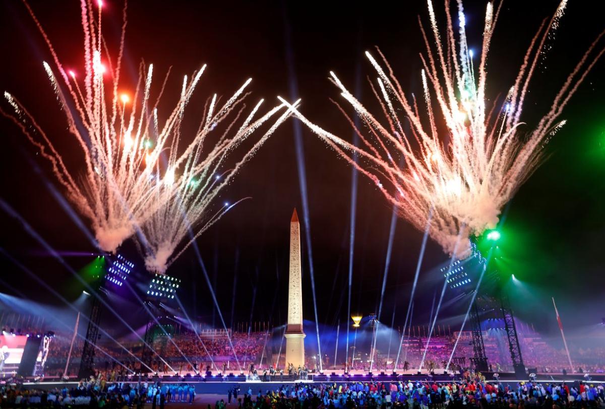 Fireworks over the Place de la Concorde during the closing stages of the Opening Ceremony of the Paris 2024 Paralympic Games, Paris, France