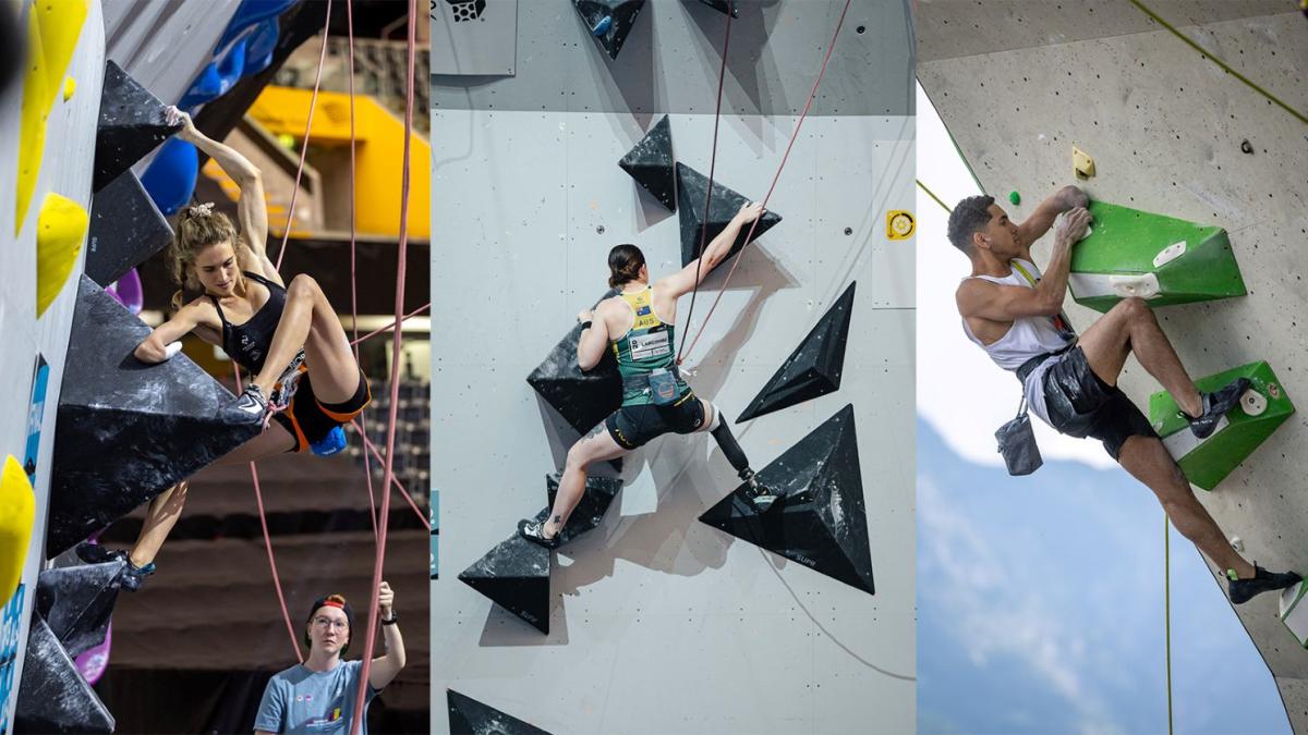 A collaged photo of three Para climbing athletes, Solenne Piret, Brian Zarzuela, and Sarah Larcombe