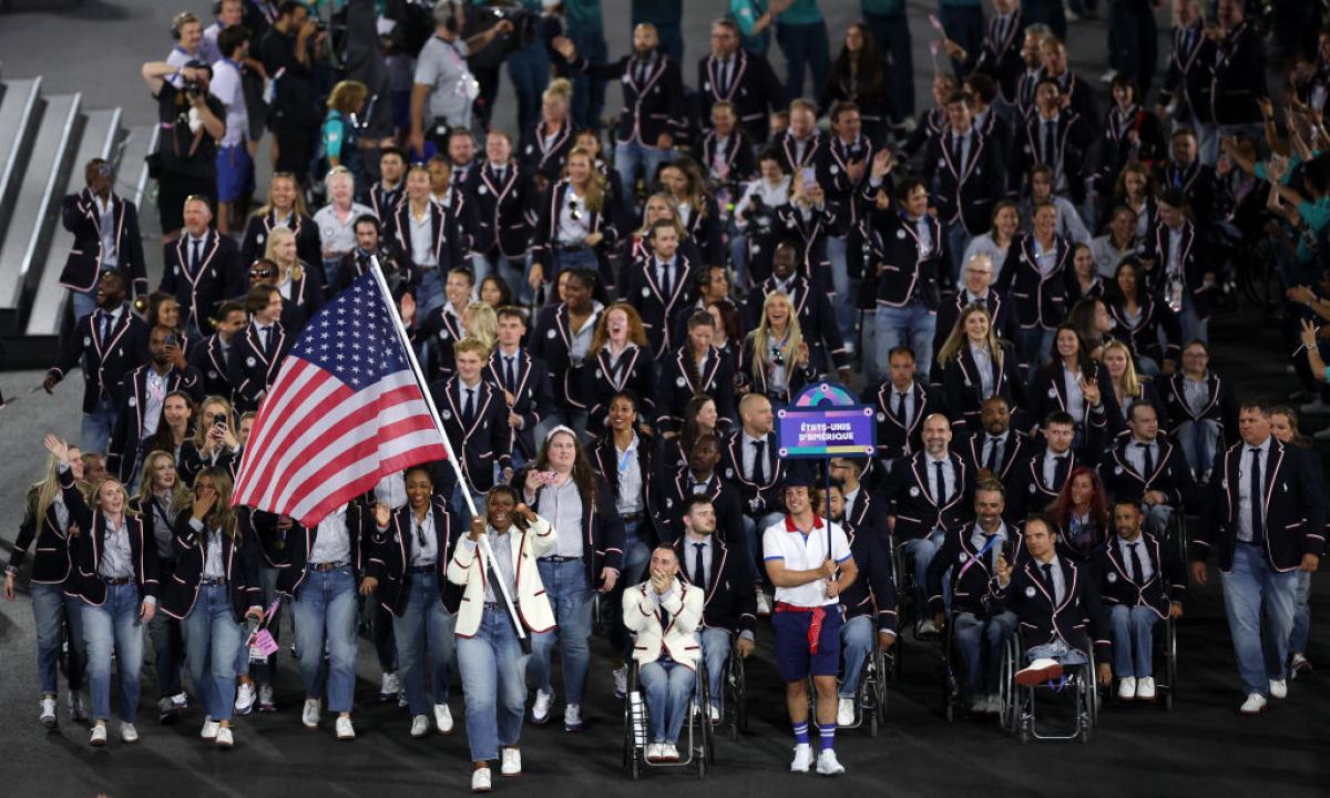 A group of Team USA athletes take part in the Athletes' Parade during the Paris 2024 Opening Ceremony