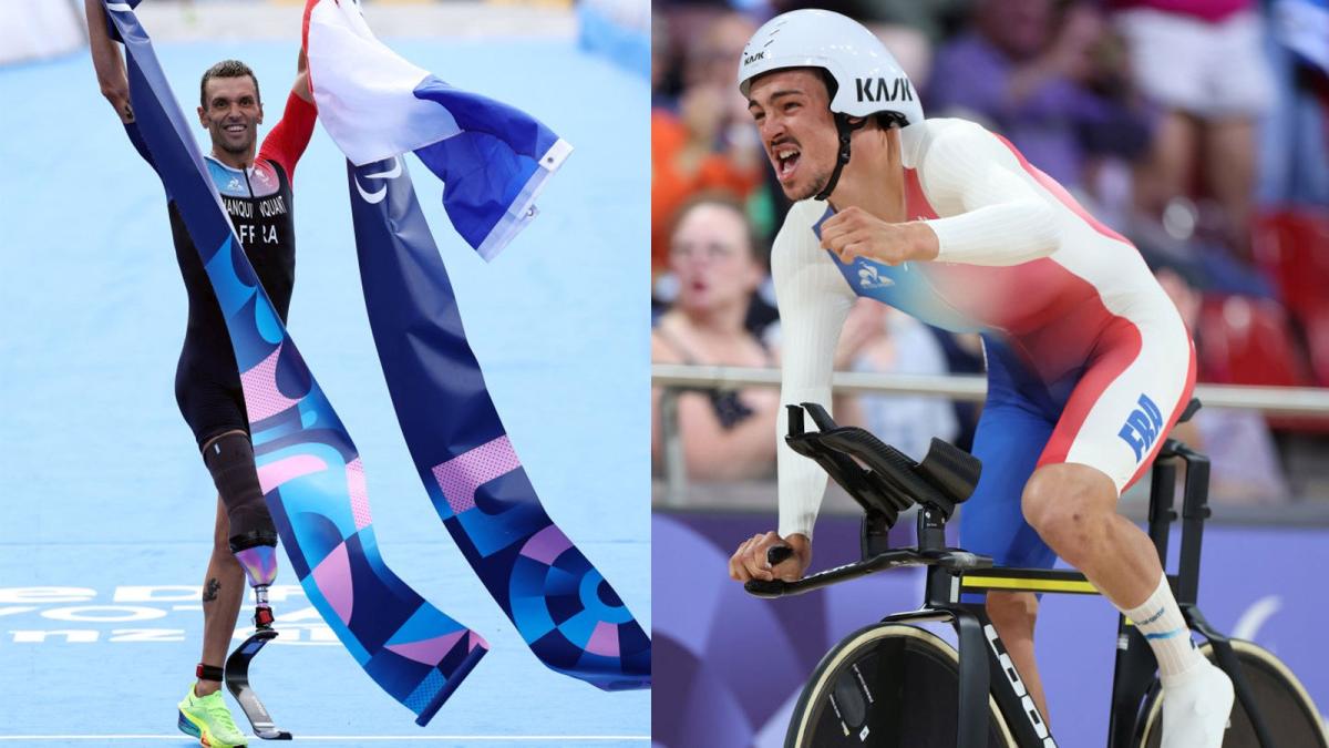 Collaged photo featuring a triathlete celebrating holding the finish tape on the left and a male Para cyclist pumping his fist on the right