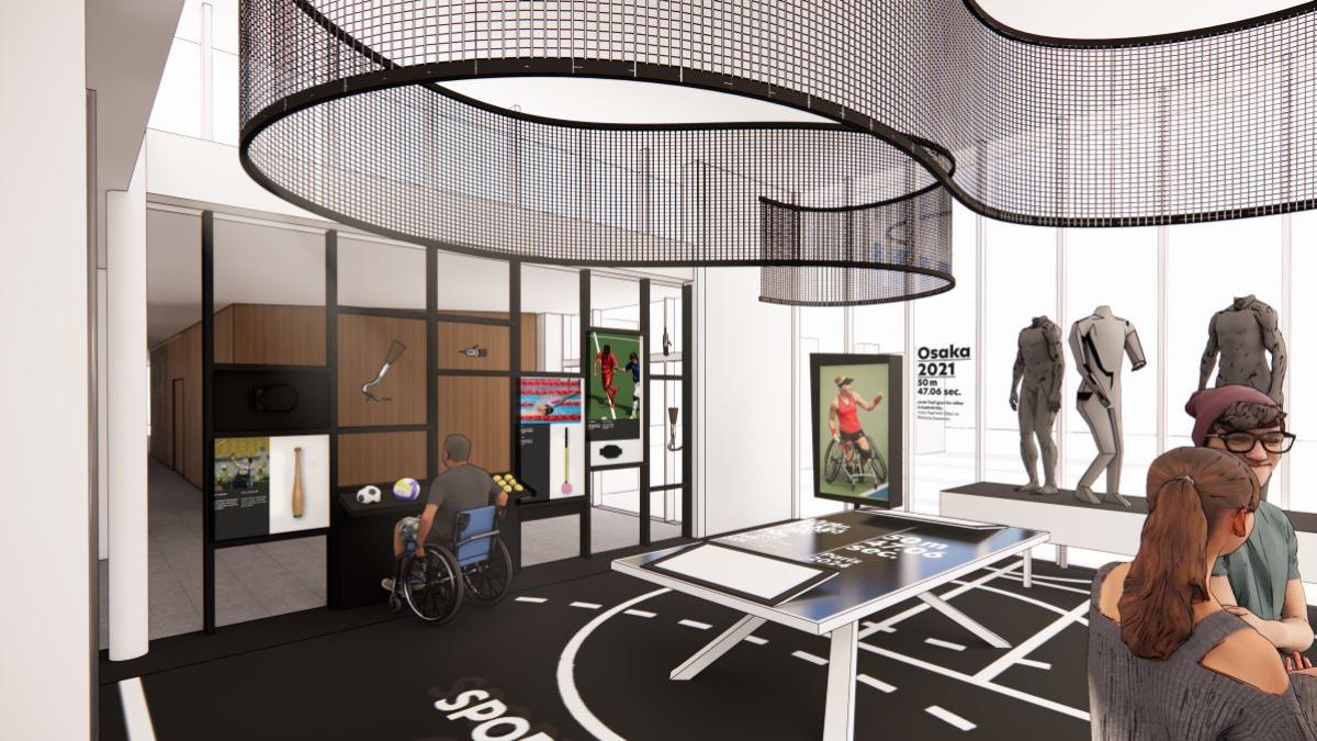 A mockup image of an exhibition at the IPC Campus - sport equipment and uniforms are displayed