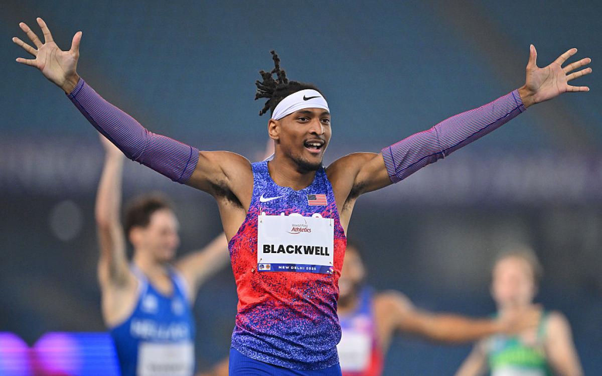 An athlete reacts in joy 