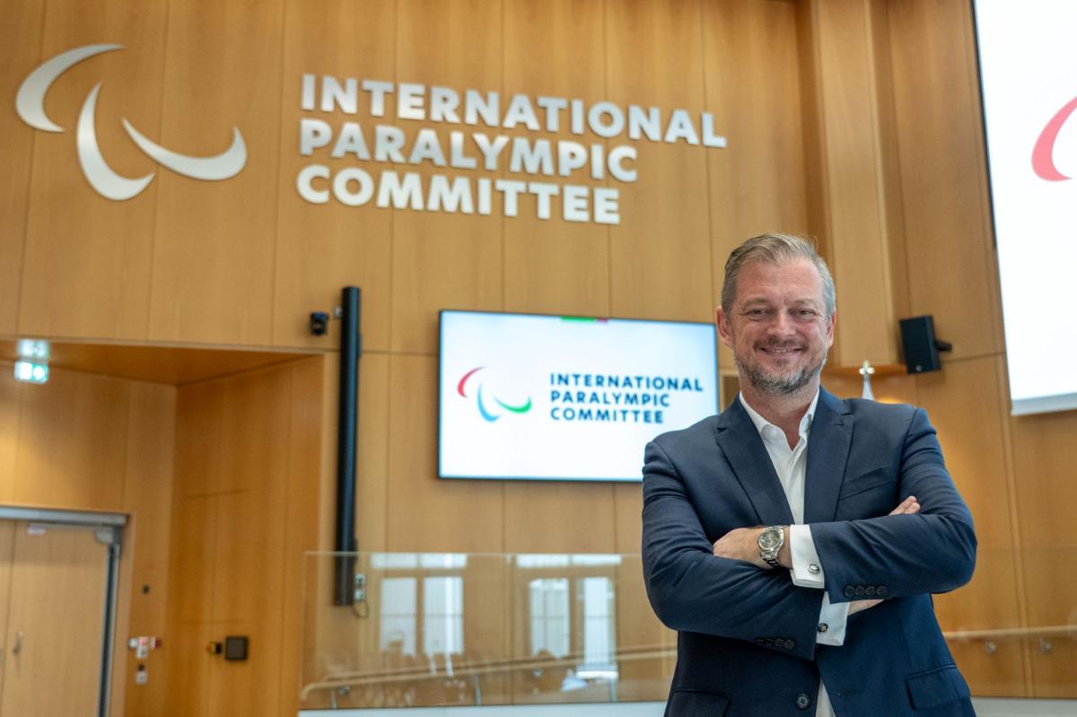 Andrew Parsons, president of the International Paralympic Committee, poses for a photo at the IPC Campus