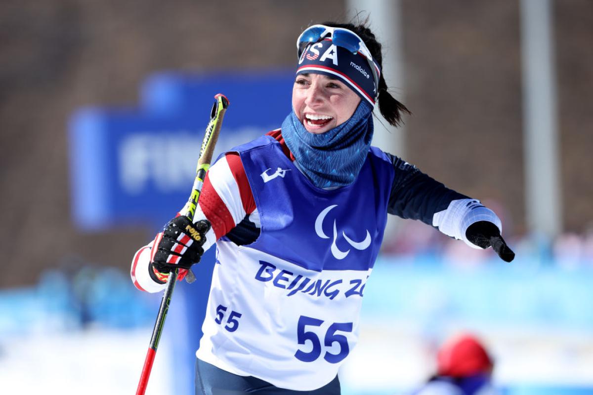 Dani Aravich from team USA competing in Para Cross Country Skiing at the Beijing 2022 Paralympic Winter Games.