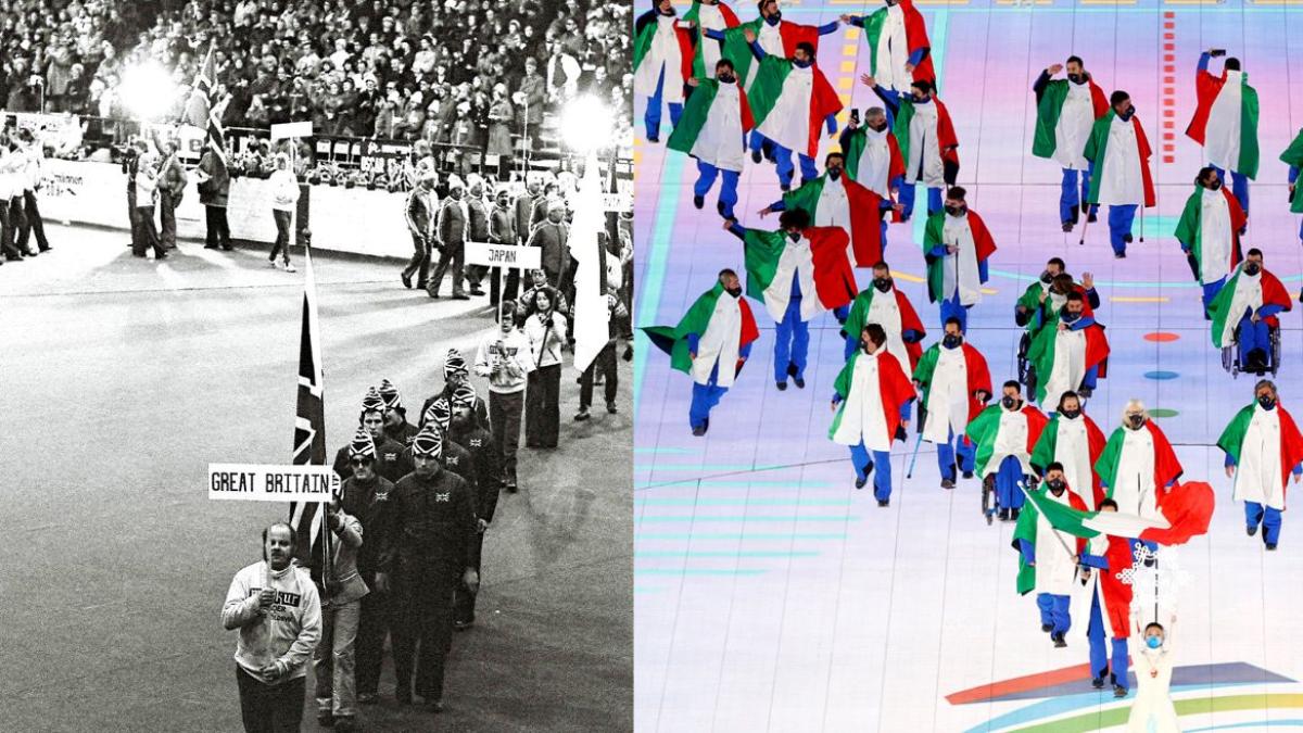 A collaged image of the Parade of Nations from two Paralympic Winter Games. Left is a black and white image from the inaugural Paralympics, while the right image shows a group of athletes parading in their Italy uniforms