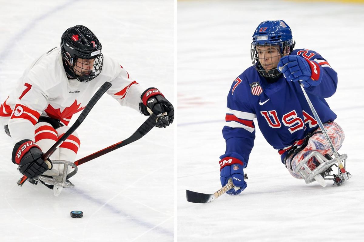 A montage with a Canadian and a USA Para ice hockey player