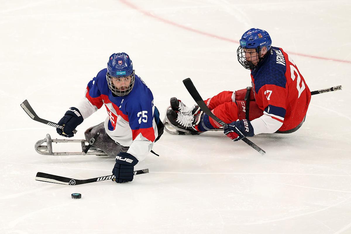 A Slovak and a Czech player at a Para ice hockey game