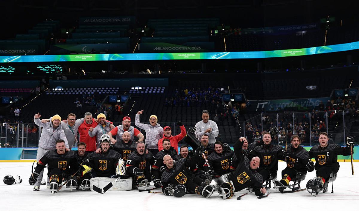 Germany Para ice hockey national team celebrating on ice
