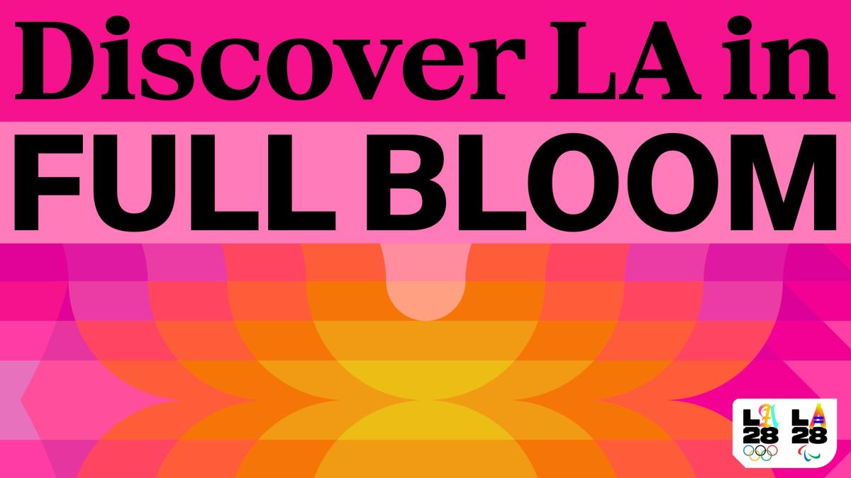 A graphic featuring patterns in pink and orange, that says "discover LA in full bloom" 