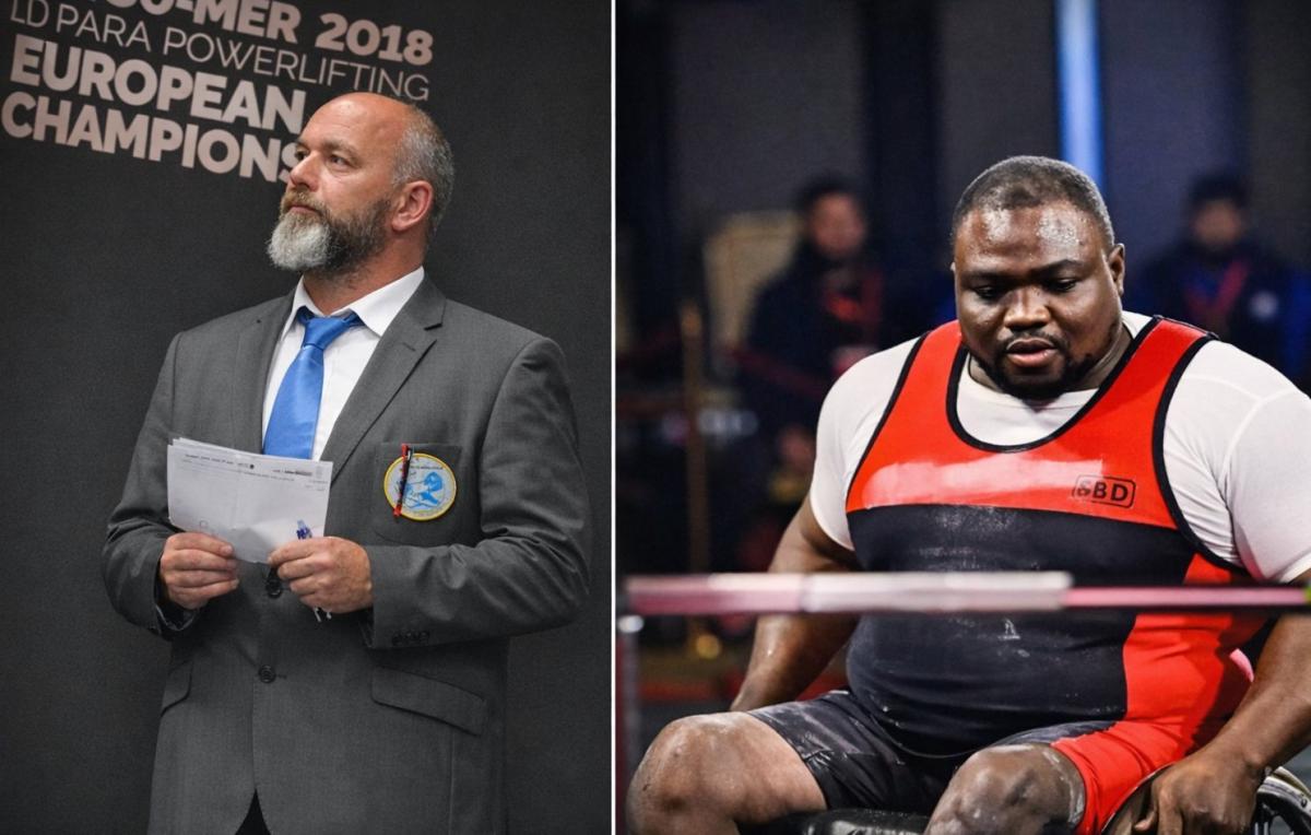 A split image of a man in grey suit and a Para powerlifting athlete