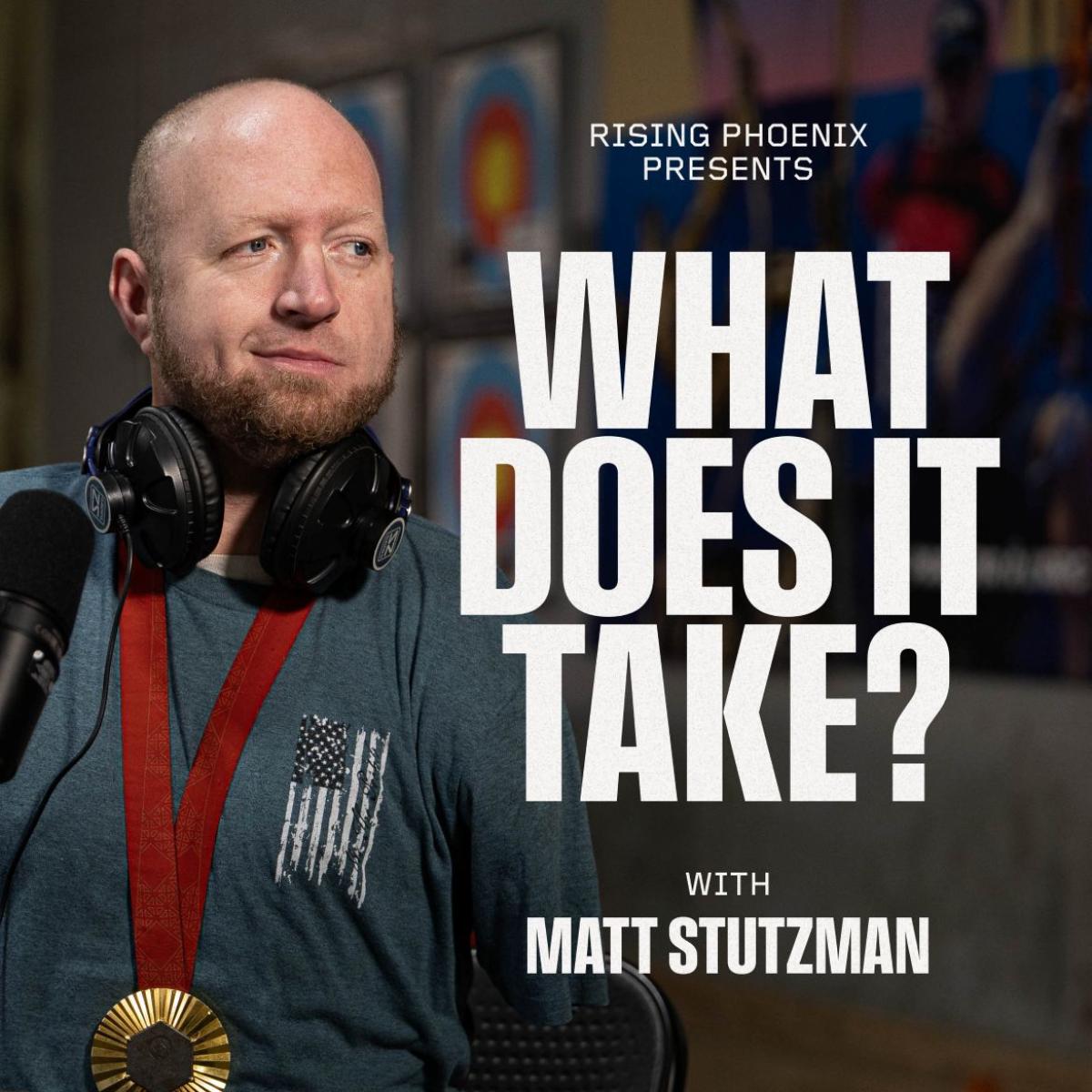 A poster of a male athlete with a gold medal around his neck and a text presenting his podcast's name ''What Does It Take?''
