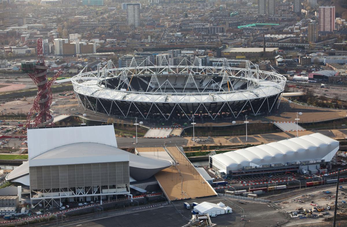 Aerial view of the London Olympic Park.