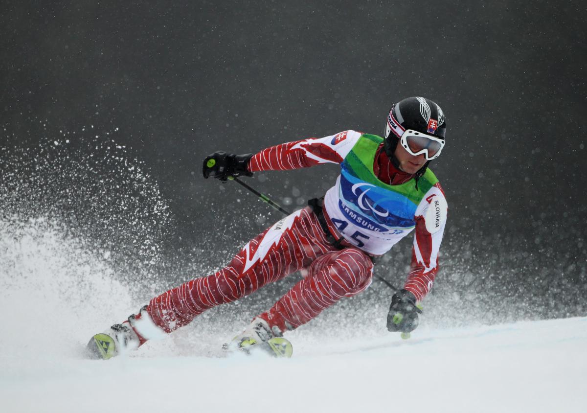 Jakub Krako (SVK) competes in the Men's Visually Impaired Giant Slalom at the Vancouver 2010 Paralympic Winter Games 