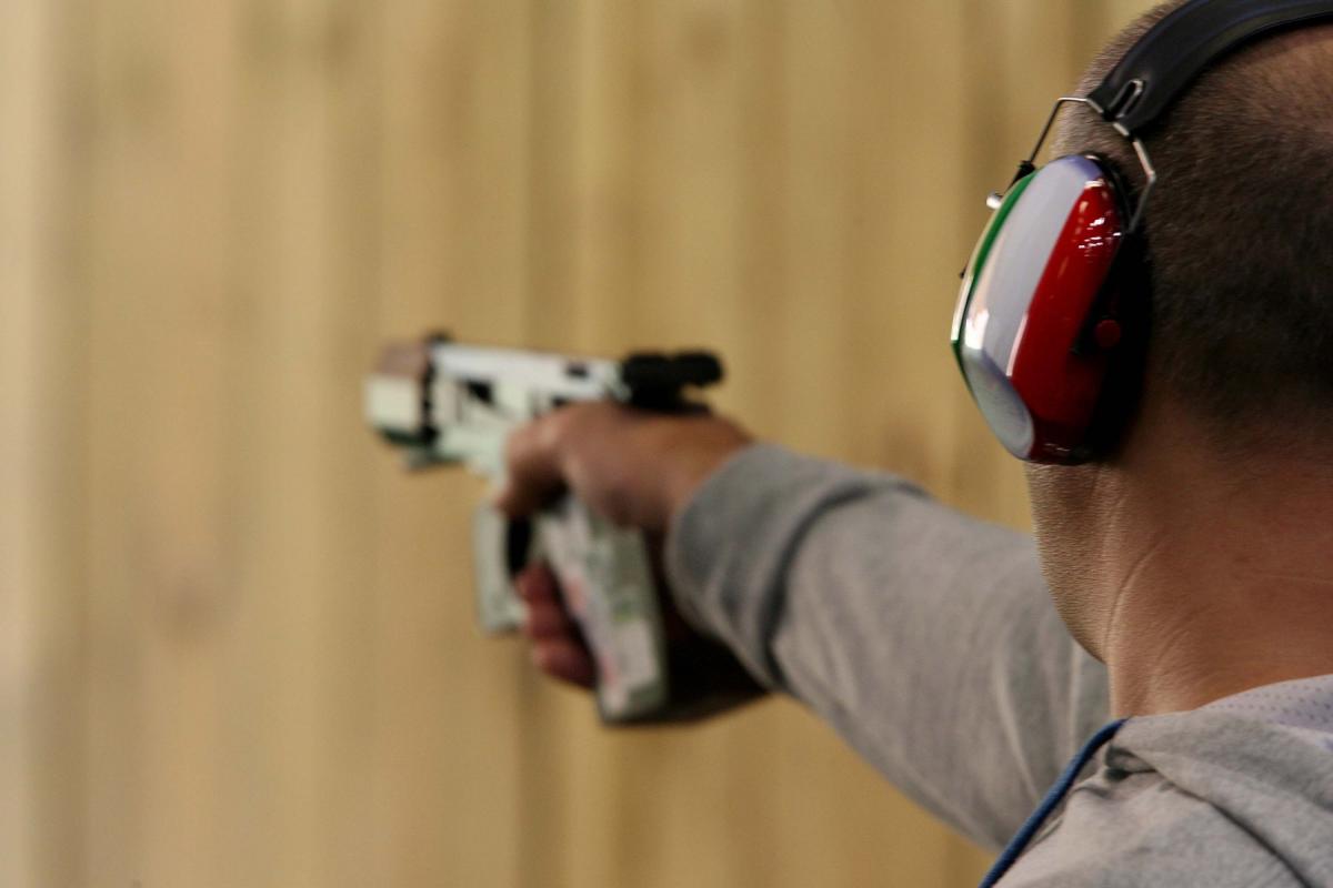 Oliviero Tiso of Italy competes in Mixed P3-25M Pistol SH1 Qualification shooting event at the Beijing 2008 Paralympic Games Oliviero Tiso