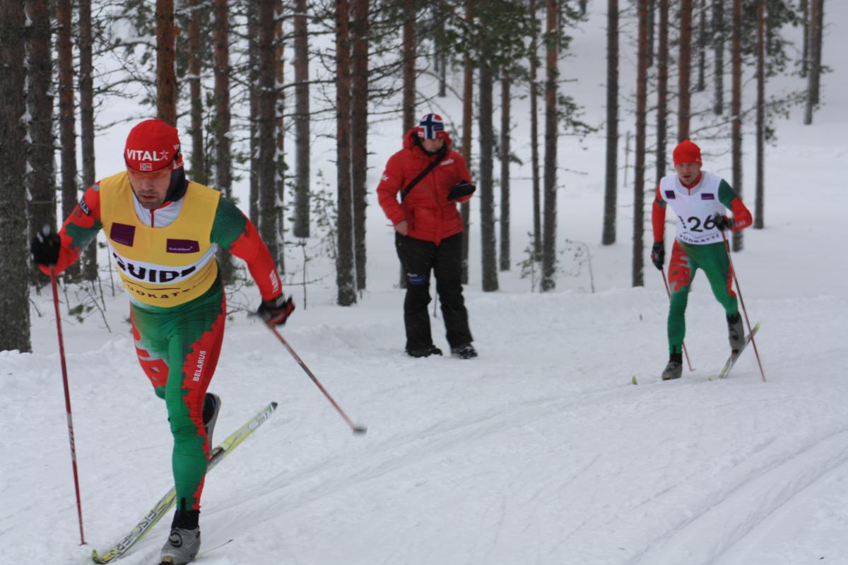 Belarus' Vasili Shaptsiaboi with guide Igar Mathlahov 