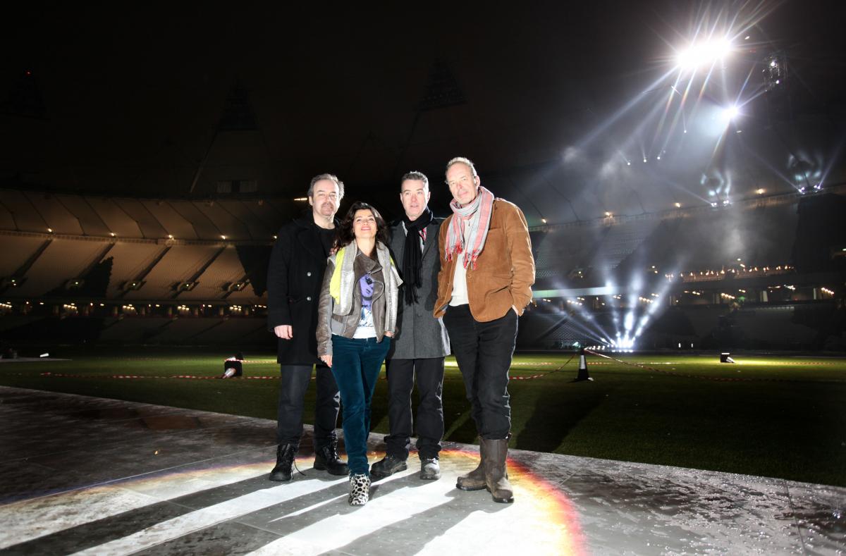 The Closing Ceremony Creative Team, pictured during testing at the Olympic Stadium. L to R David Arnold (Music Director), Es Devlin (Designer) , Kim Gavin (Artistic director) , Patrick Woodroffe (Lighting Designer)