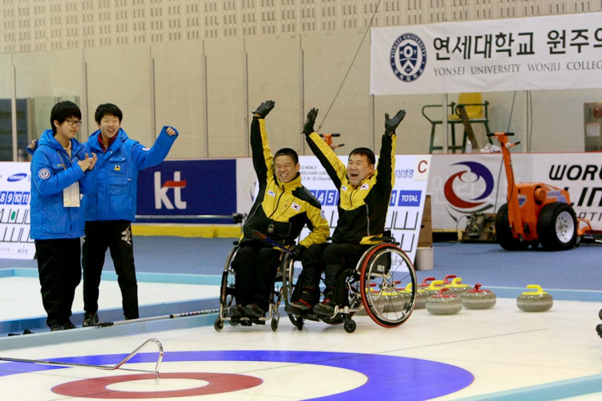 Wheelchair Curling Worlds - Team Korea celebrating Wheelchair Curling Worlds - Team Korea celebrating