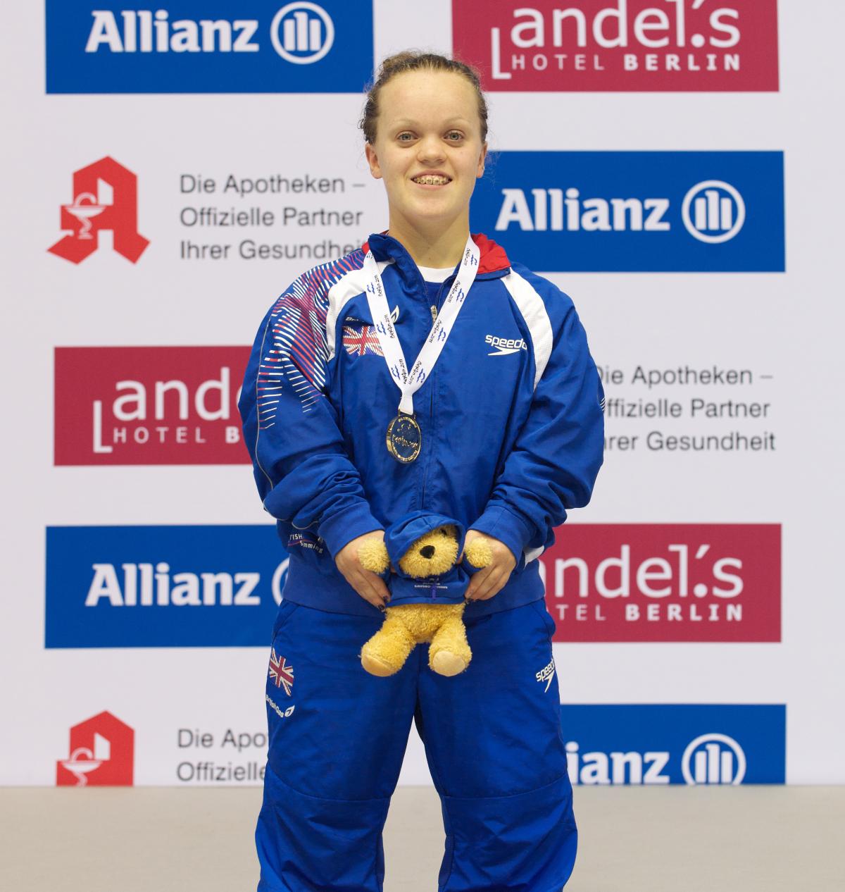 Ellie Simmonds on top of the podium at the 2011 IPC Swimming European Championships in Berlin, Germany