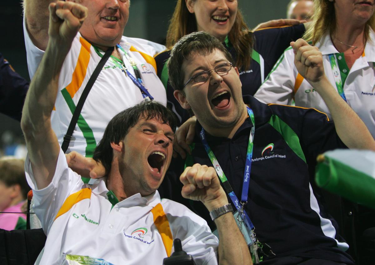 Two Irish Boccia players are celebrating their victory